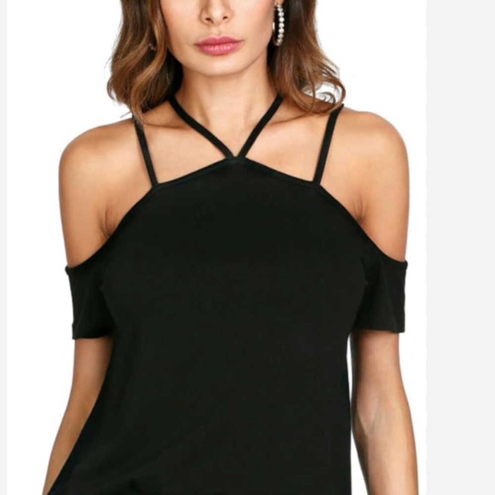 Black spaghetti strap, open shoulder top